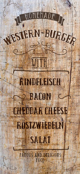Menukarte Western-Hamburger mit Cheddar Cheese und Bacon