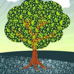Euro Dollar Geld-Baum Das Geld wächst auf Bäumen und liegt auf der Strasse