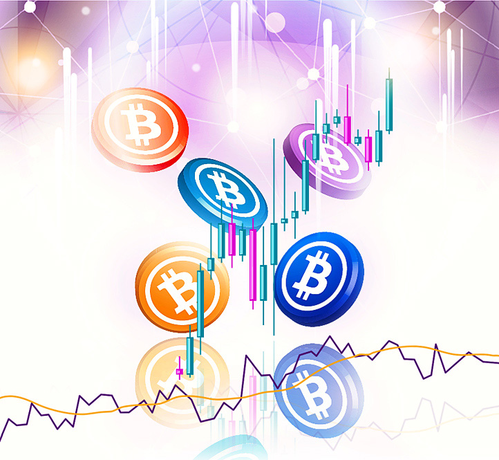Bitcoin erreicht neues Allzeithoch! Illustrierte Bitcoin Krypto Münzen in den Farben blau, gelb, orange, lila und türkis fliegen nach oben. Im Vordergrund sind steigende Chartkerzen zu sehen sowie ein RSI Indikator. Im oberen Bildrand sind Lichtpunkte und Polygon-Linien zwischen spiegelnden Farbverläufen und wie ein Feuerwerk aussehende vertikal aufsteigenden Kometen mit Lichtschweifen. Das Symbolbild thematisiert ein neues All Time High des Bitcoin Kurses, kurz vor dem bevorstehenden Halving.
